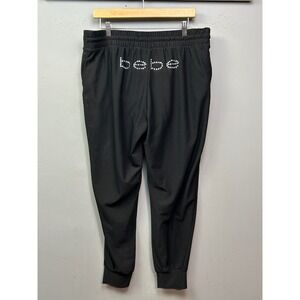 Bebe Sport Womens XL Black Mesh Joggers Rhinestone Bling Logo High Rise Pants